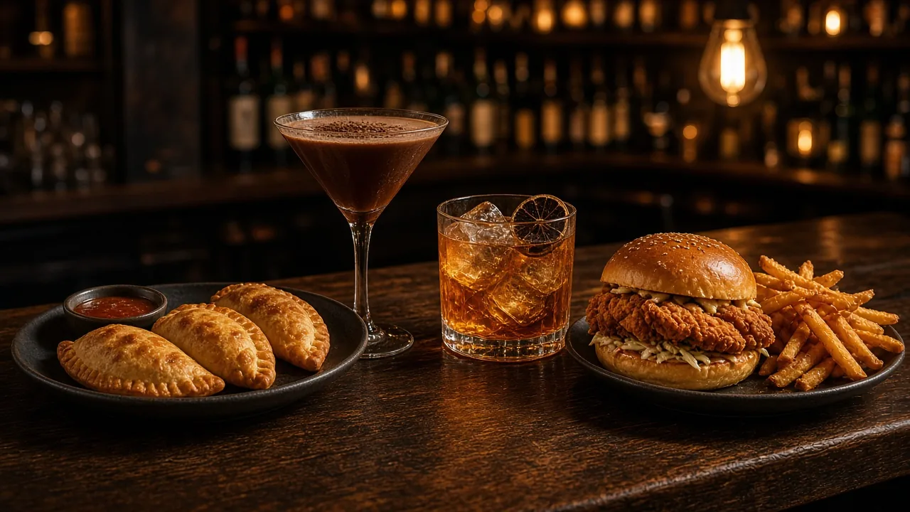 A chocolate martini and an amber cocktail on a dark wood bar with empanadas and a crispy chicken sandwich with fries under warm Edison bulbs
